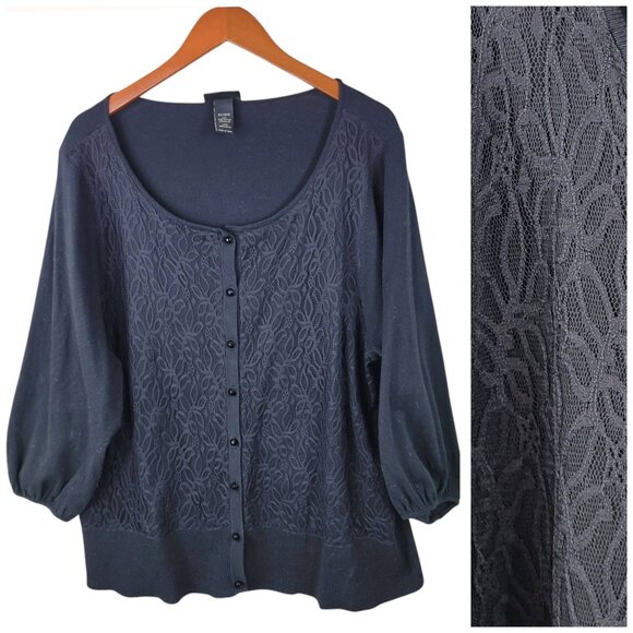 Lane Bryant Plus 22/24W 3X Cardigan Sweater Black Cotton Button Up Layered Lace - Picture 1 of 6